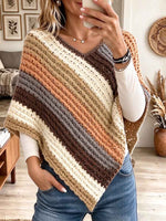 Earth Tone Diagonal Stripe V-Neck Crochet Poncho