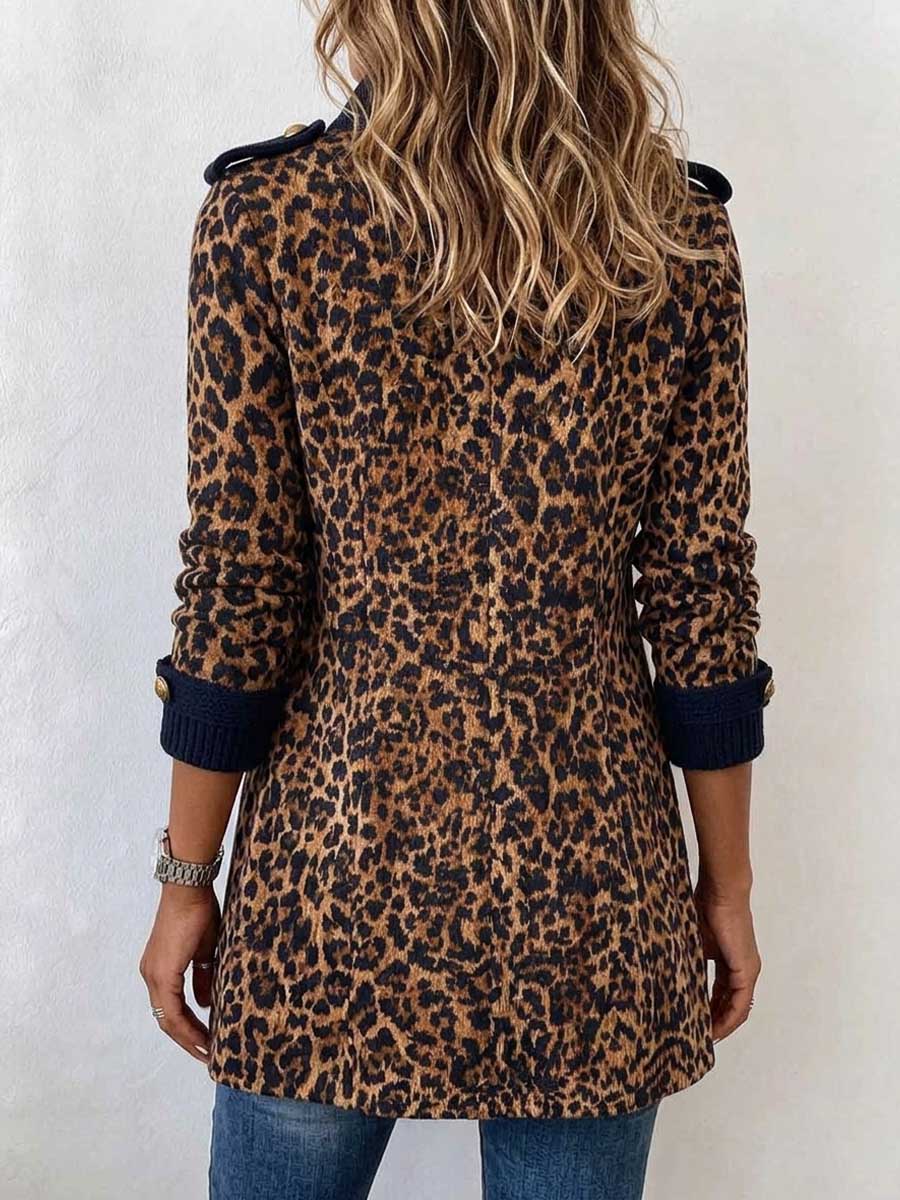 Women's Leopard Print Military Style Button-down Cardigan Jacket