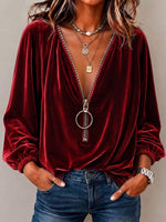 Women's Solid Color V-neck Long-sleeve Loose-fit Velour Top
