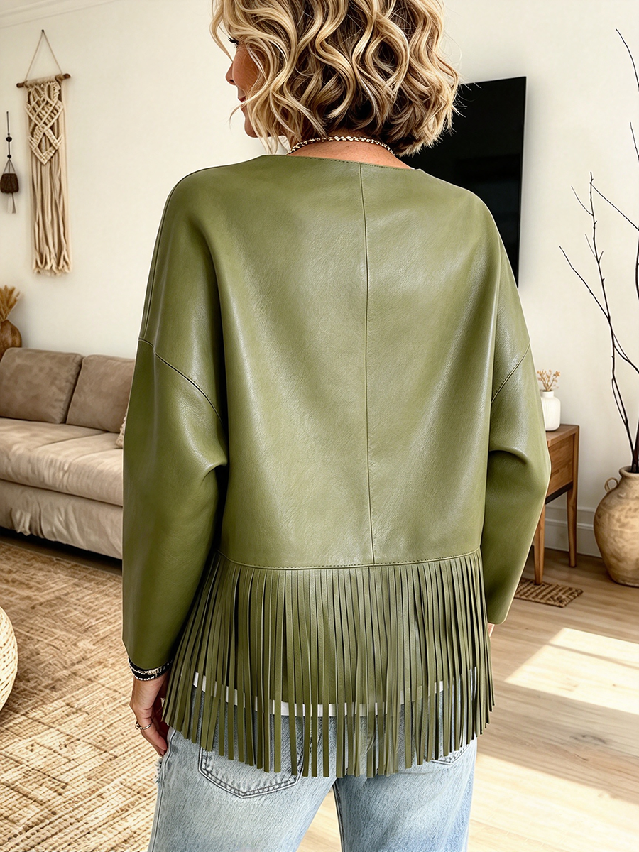 Trendy Olive Green Fringe Faux Leather Jacket F