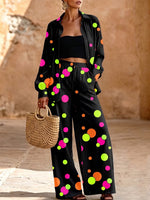 Vibrant Neon Polka Dot Print Linen Two-Piece Set