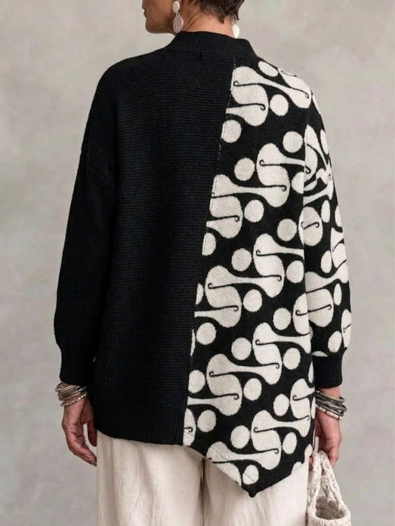 V-neck Asymmetric Abstract-print Knit Top