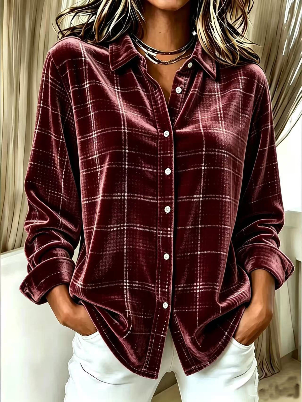 Chic Plaid Velvet Button-Down Shirt