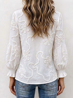 Women's Floral Embroidered V-neck Long Sleeve Blouse With Button Detail