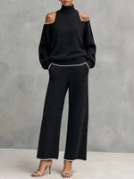 Cold-shoulder Turtleneck Knit Sweater And Wide-leg Pants Set