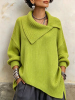 Cozy Asymmetrical Collar Ribbed Knit Pullover