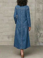 High Neck Diagonal Button Large Pocket Denim Maxi Dress