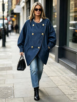 Elegant Dark Blue Denim Double-breasted Jacket