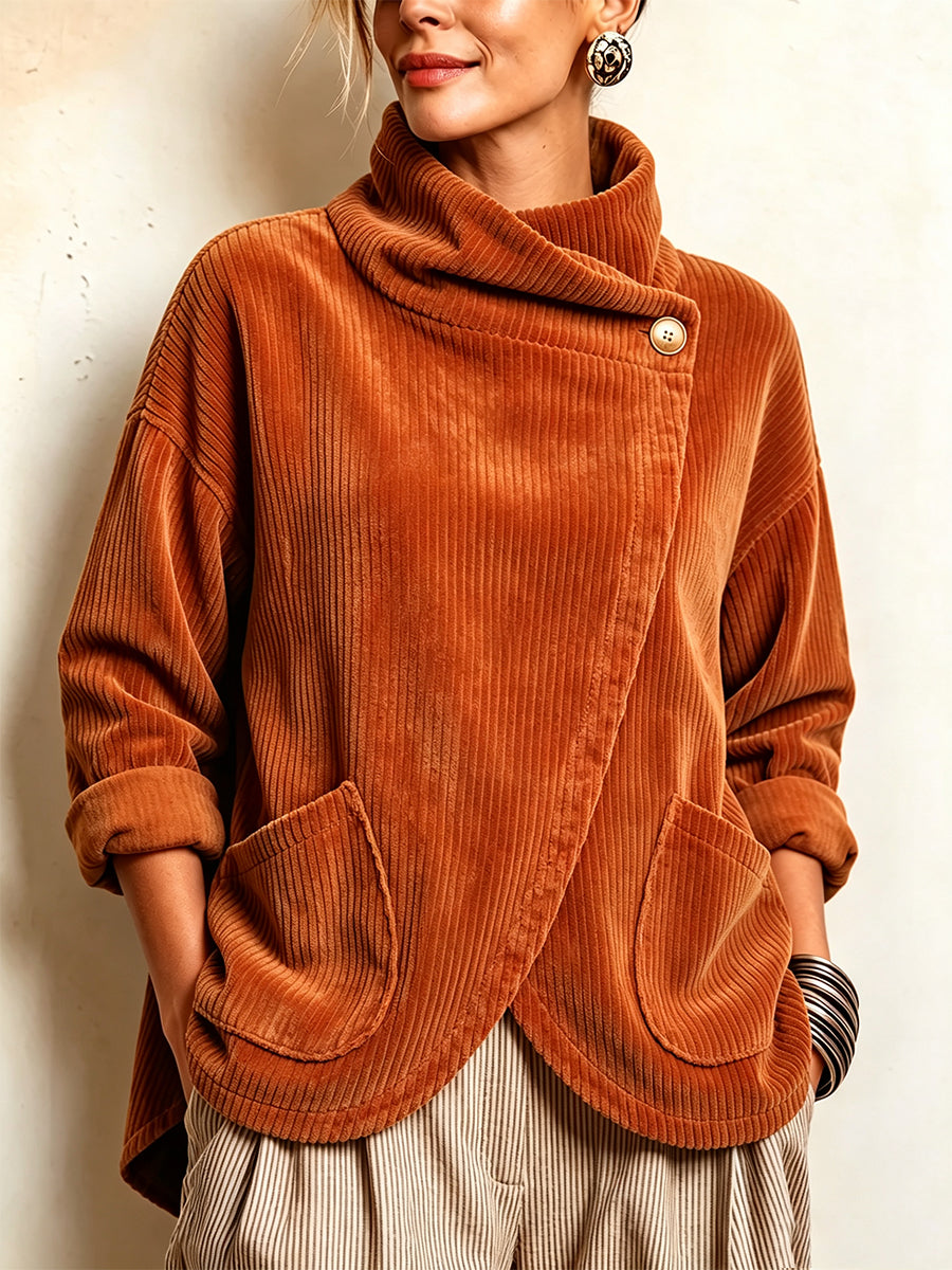 Cozy Asymmetric Button-Accented Corduroy Top
