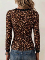 Women's Leopard Print Square-neck Lace-panel Fitted Top