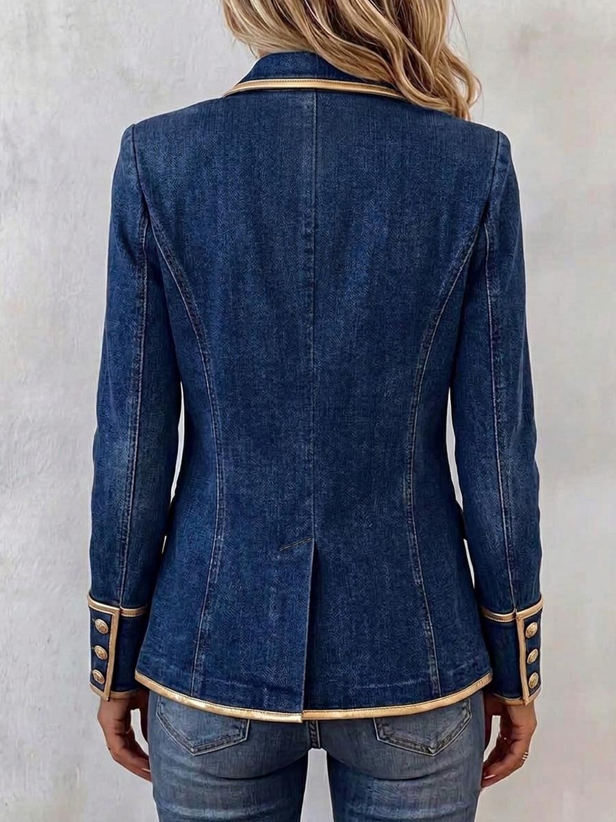 Women's Long-sleeved Casual Loose Denim Jacket With Collar And Gold Trim