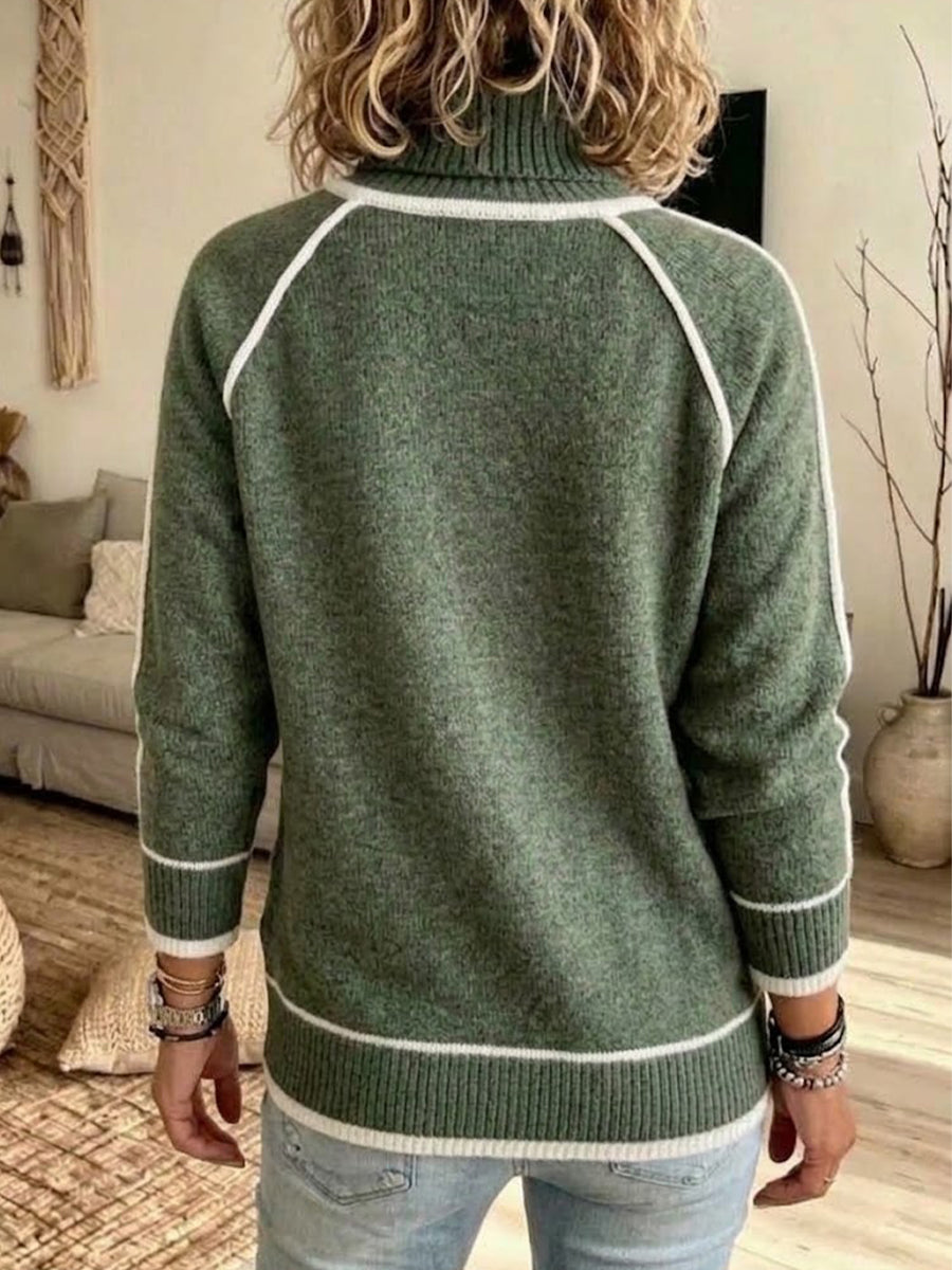 High-neck Raglan Knit Sweater With Contrasting White Trim