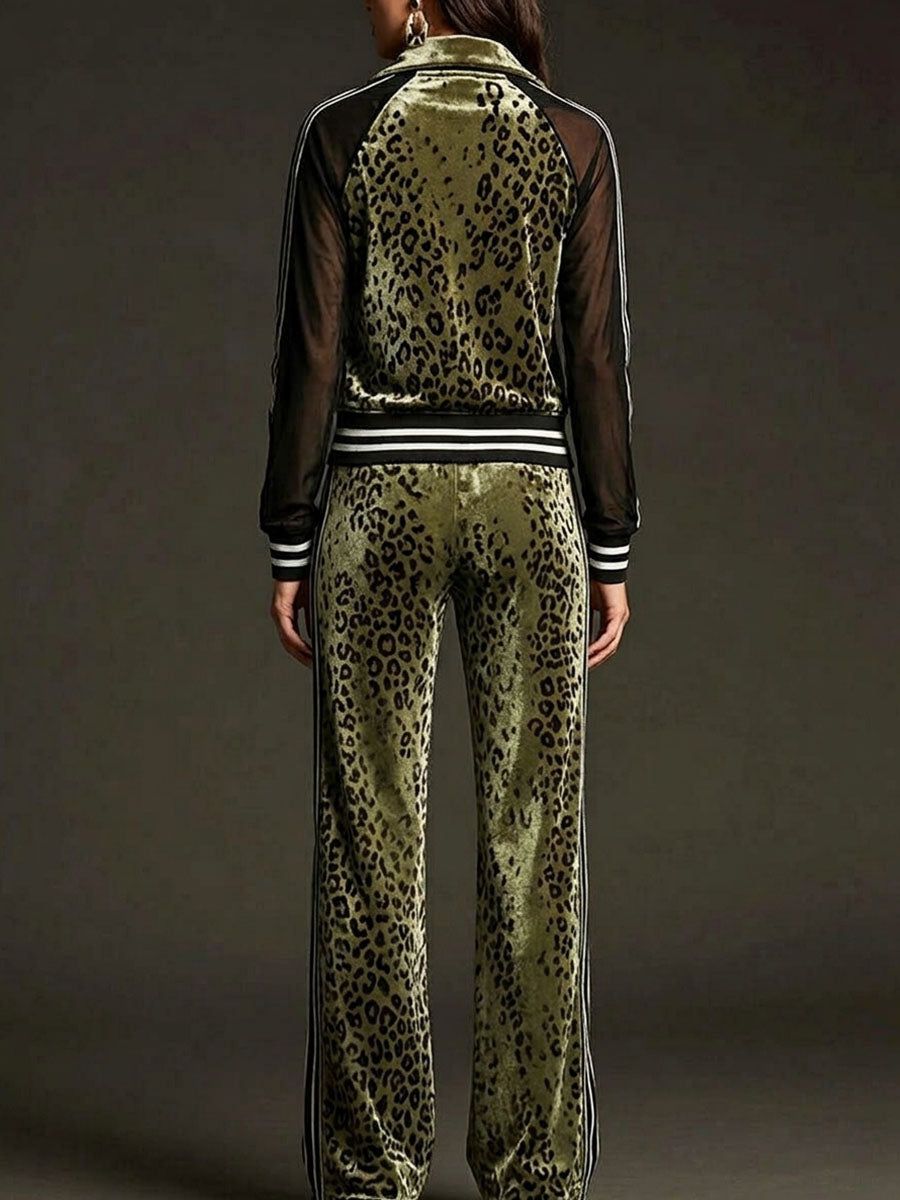 Women's Leopard Print Velvet Set: Long-sleeve Stand-collar Jacket With Mesh Paneling & High-waisted Wide-leg Pants (relaxed Fit)