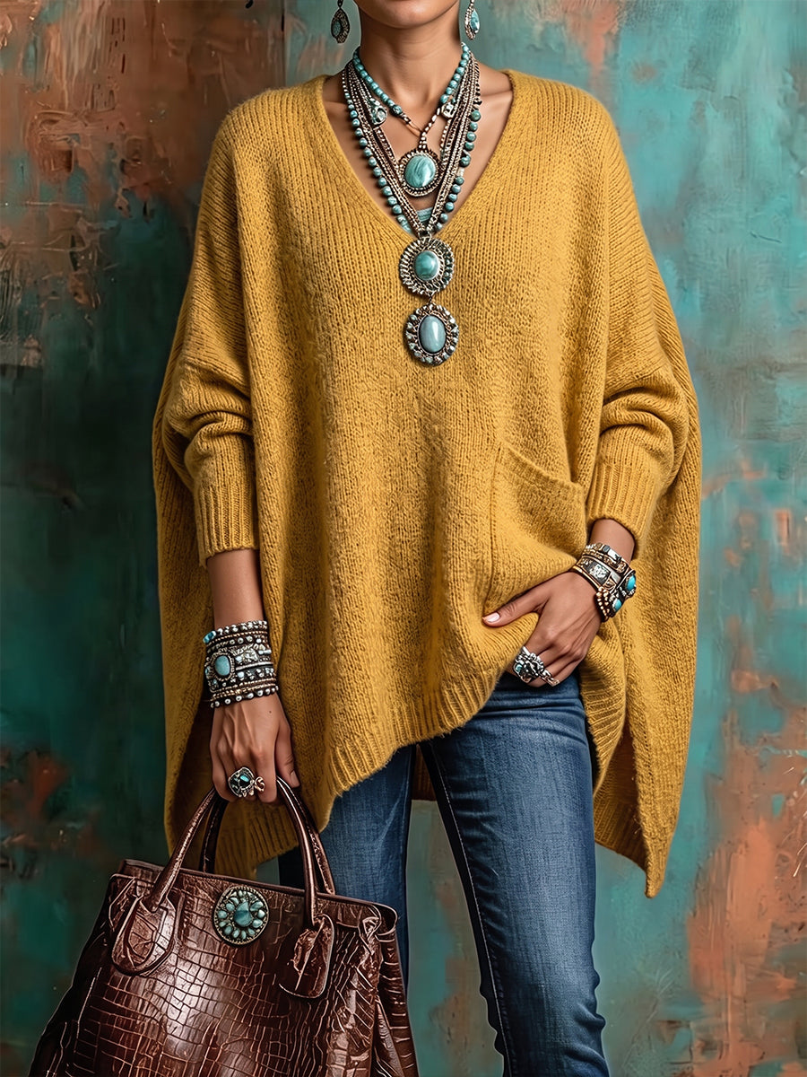 Vibrant Mustard Oversized Knit Poncho Pullover