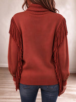Boho Fringe & Studded Turtleneck Knit Pullover