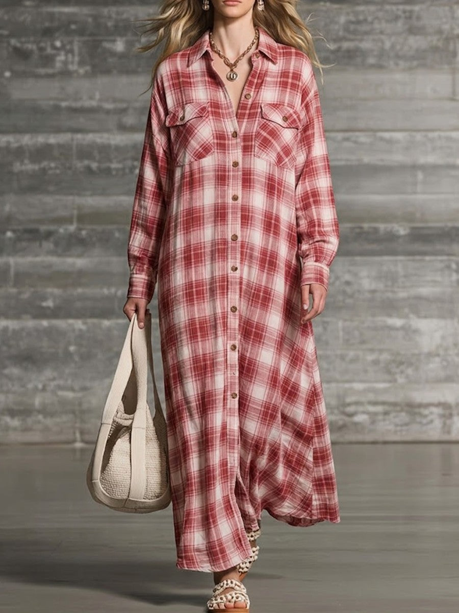 Plaid Long-sleeve Dress With A Collar, Dual Patch Pockets, Dropped Shoulders, And A Loose Fit