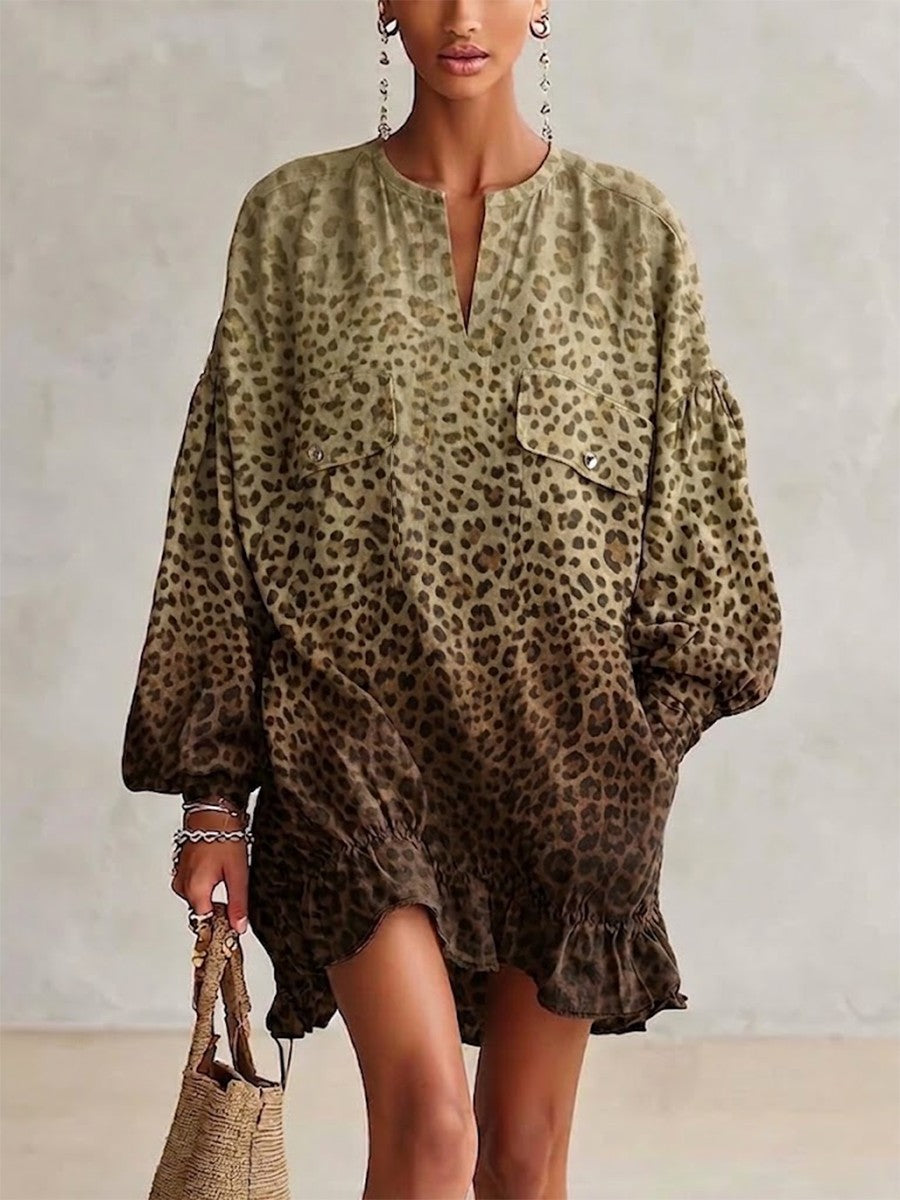 Gradient Leopard Stand Collar Half Placket Lantern Sleeve Ruffle Hem Loose Shirt Mini Dress