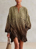 Gradient Leopard Stand Collar Half Placket Lantern Sleeve Ruffle Hem Loose Shirt Mini Dress