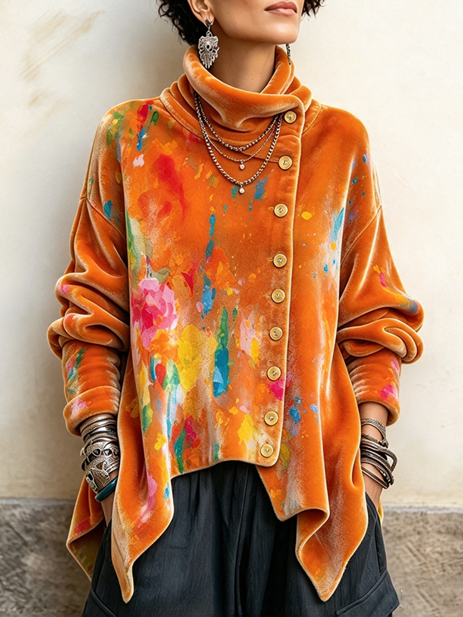 Artistic Colorful Splash Prints Velvet Asymmetrical Top