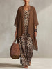 Solid-color Chiffon Cardigan + Vintage Leopard-print Camisole Maxi Dress (two-piece Set)