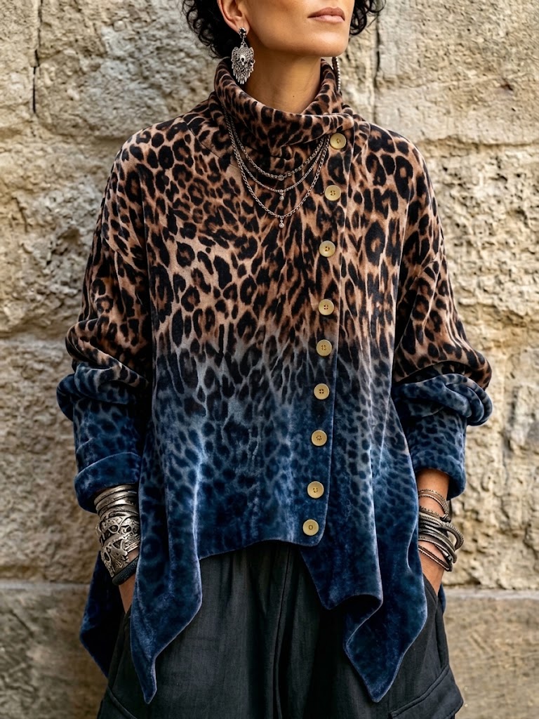 Velvet High-neck Top Featuring An Ombre Leopard Print And An Asymmetrical Button-front Design