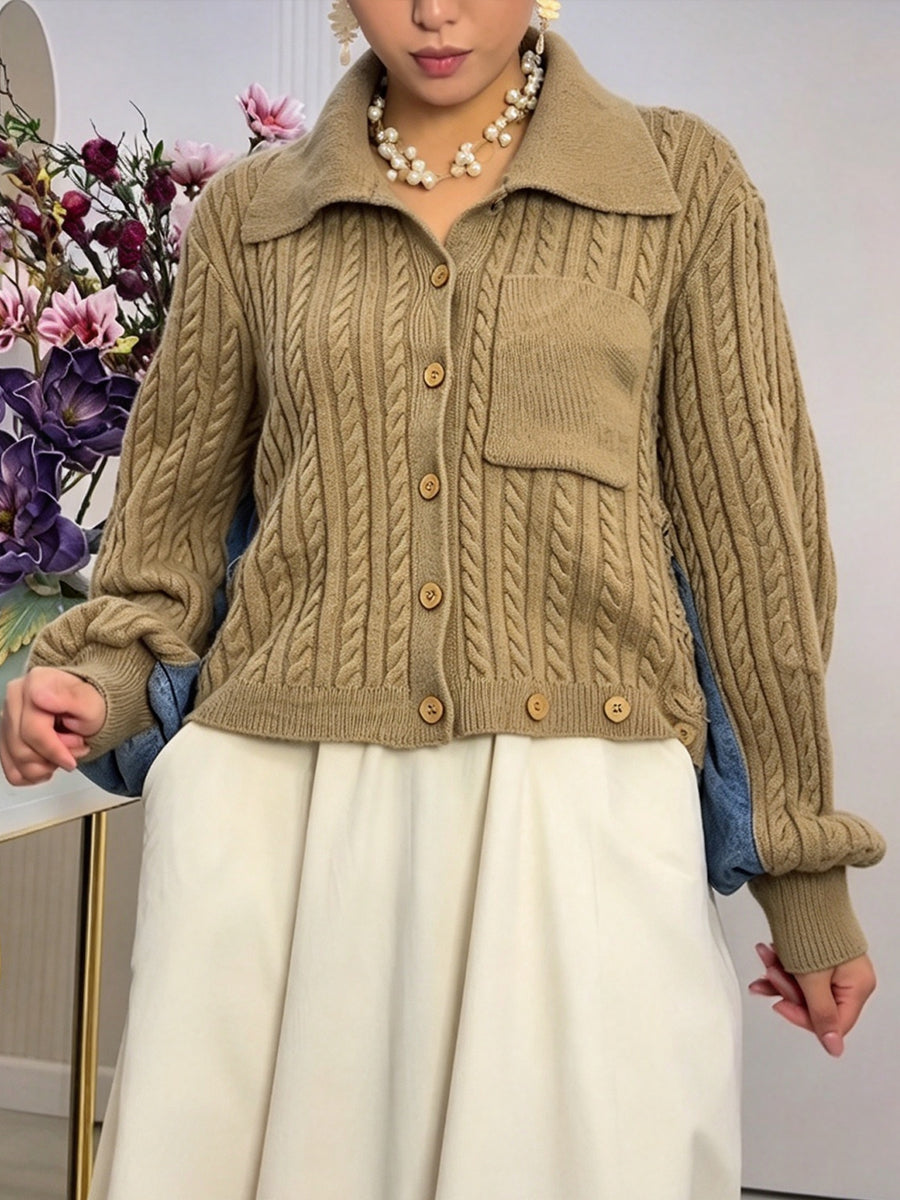 Chic Denim And Cable-knit Spliced reversible Jacket