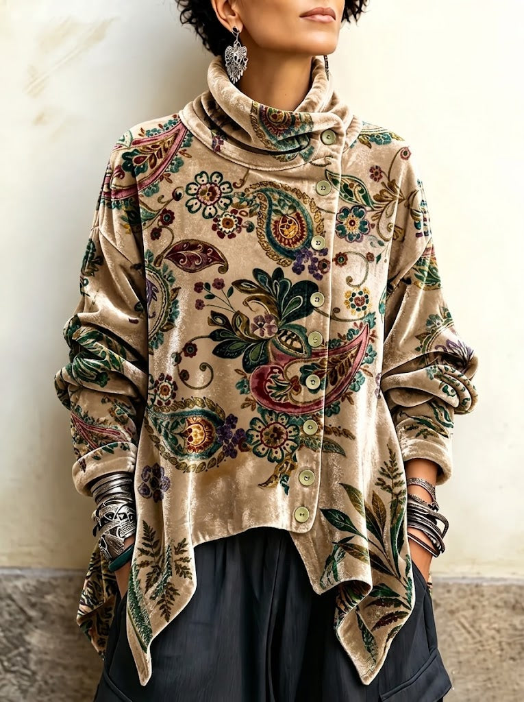 Vintage-style Paisley Print Velvet Long Top