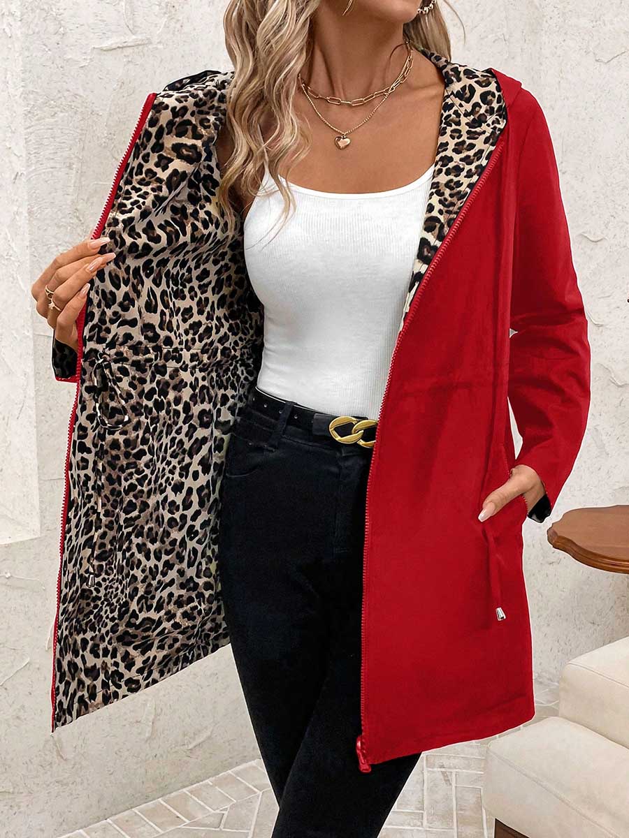 Women's Leopard Print Long-sleeve Casual Loose Reversible Drawstring Jacket