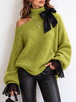 Women's Fuzzy Green Cold Shoulder Sweater With Black Satin Bow And Lace Cuffs