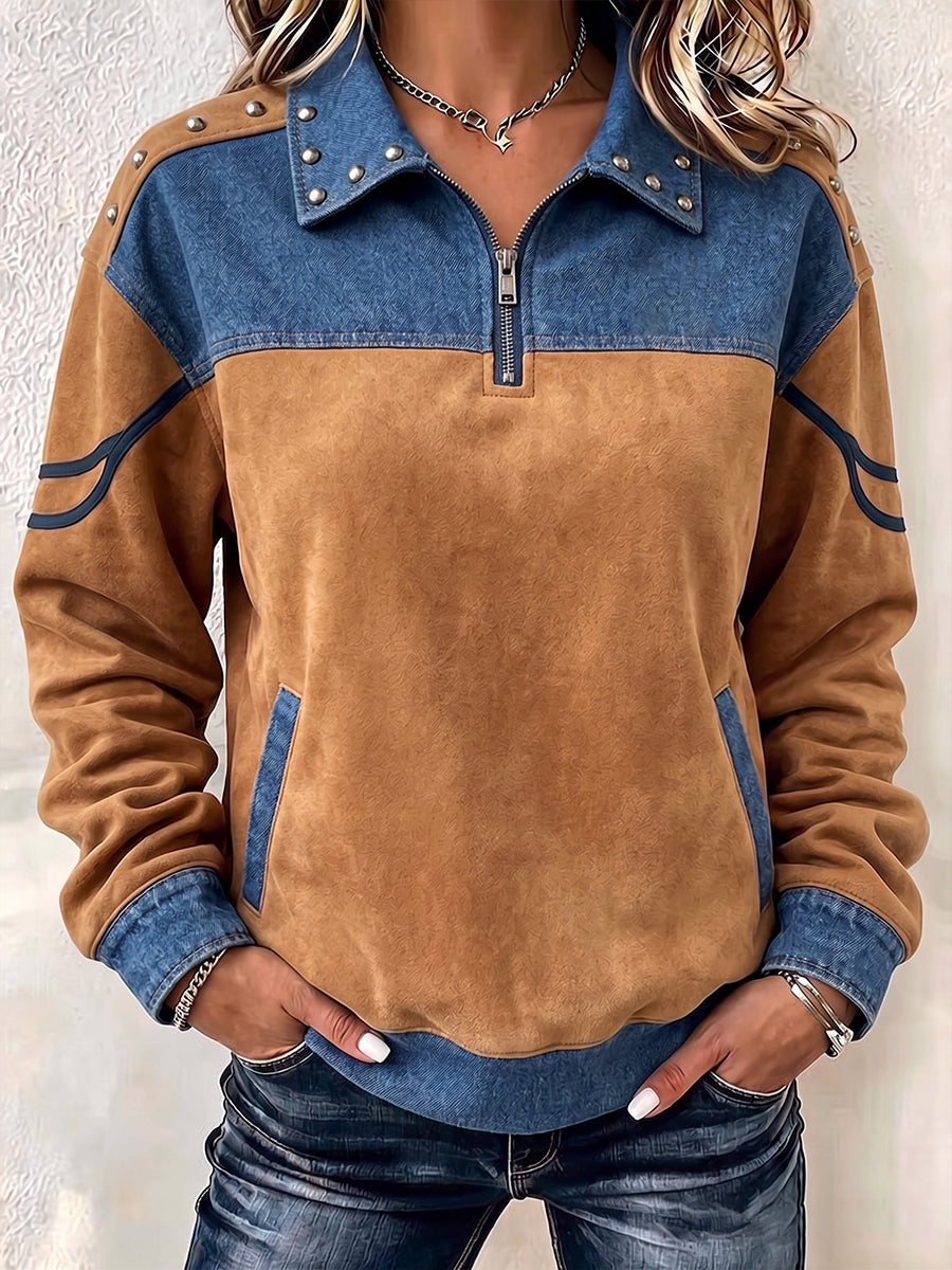 Western-Inspired Denim & Faux-Suede Half-Zip Pullover