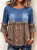 Women's Round Neck 3/4 Sleeve Casual Loose Denim Patchwork Leopard Print Pullover Top