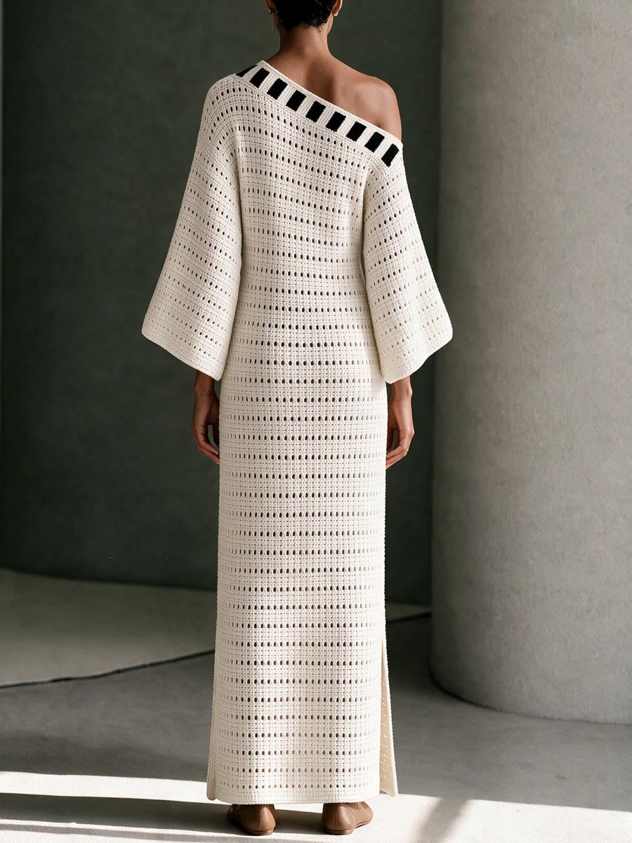One-Shoulder Color-Block Crochet Knit Maxi Dress