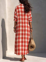 Chic Red Gingham Maxi Shirt Dress with Contrast White Trim