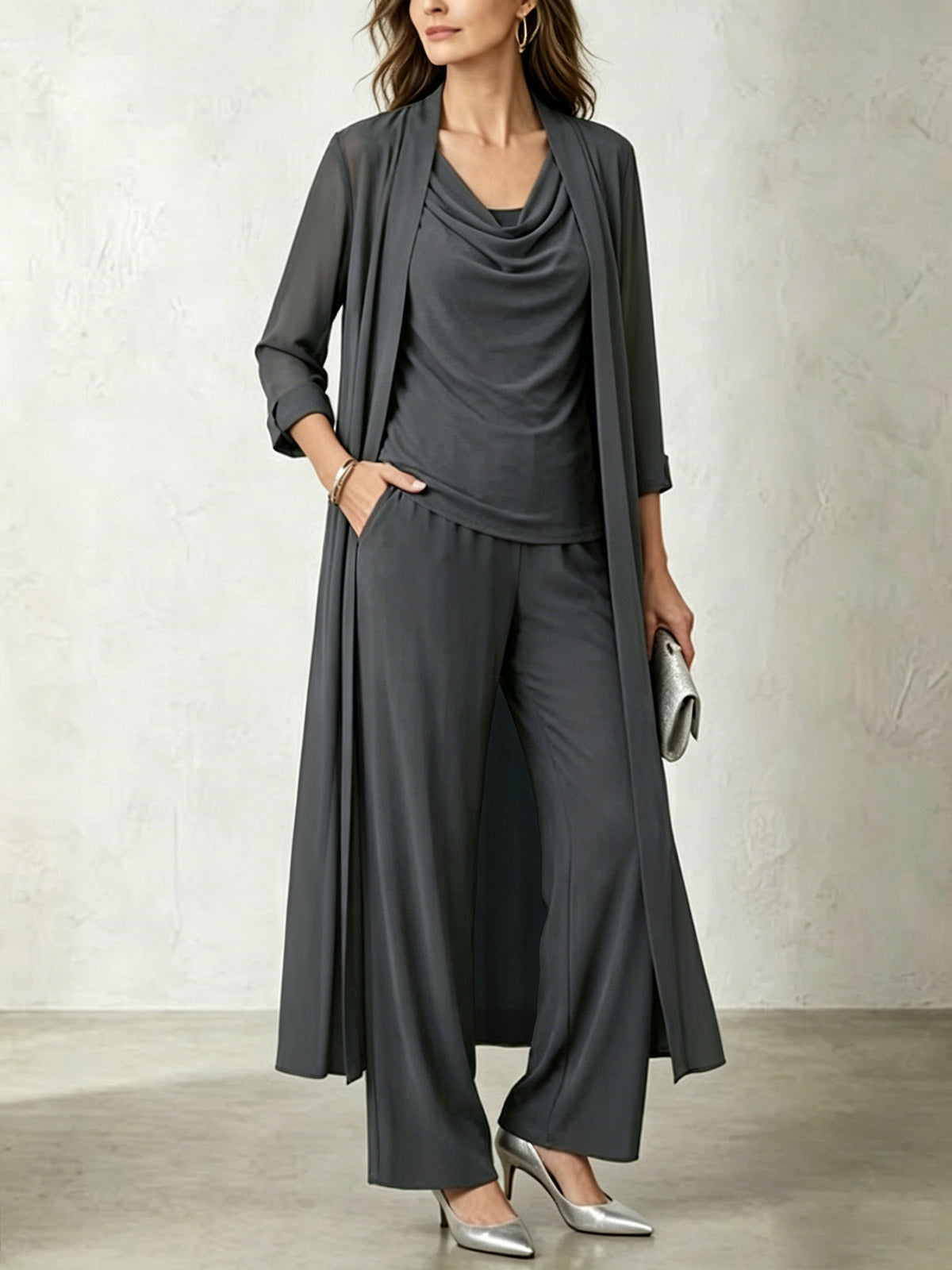 Chic Slate Blue Cowl-neck Top, Duster Cardigan & Flowing Wide-leg Pants
