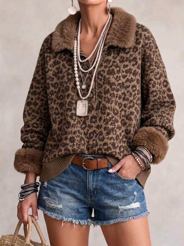 Leopard Print Top With Furry Collar & Cuffs, Henley Loose Blouse