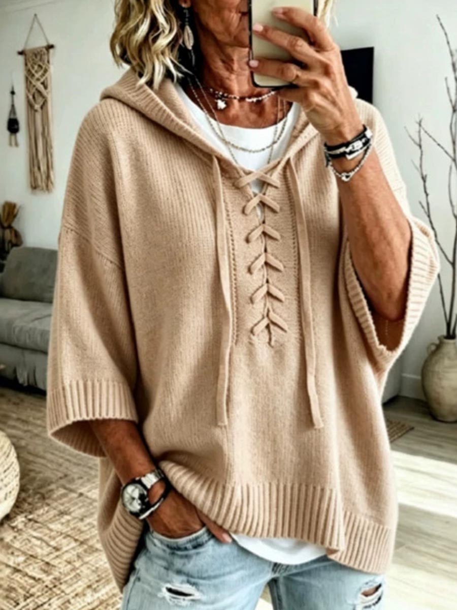 Women's Solid Color V-neck Long-sleeve Casual Loose Hooded Knit Pullover