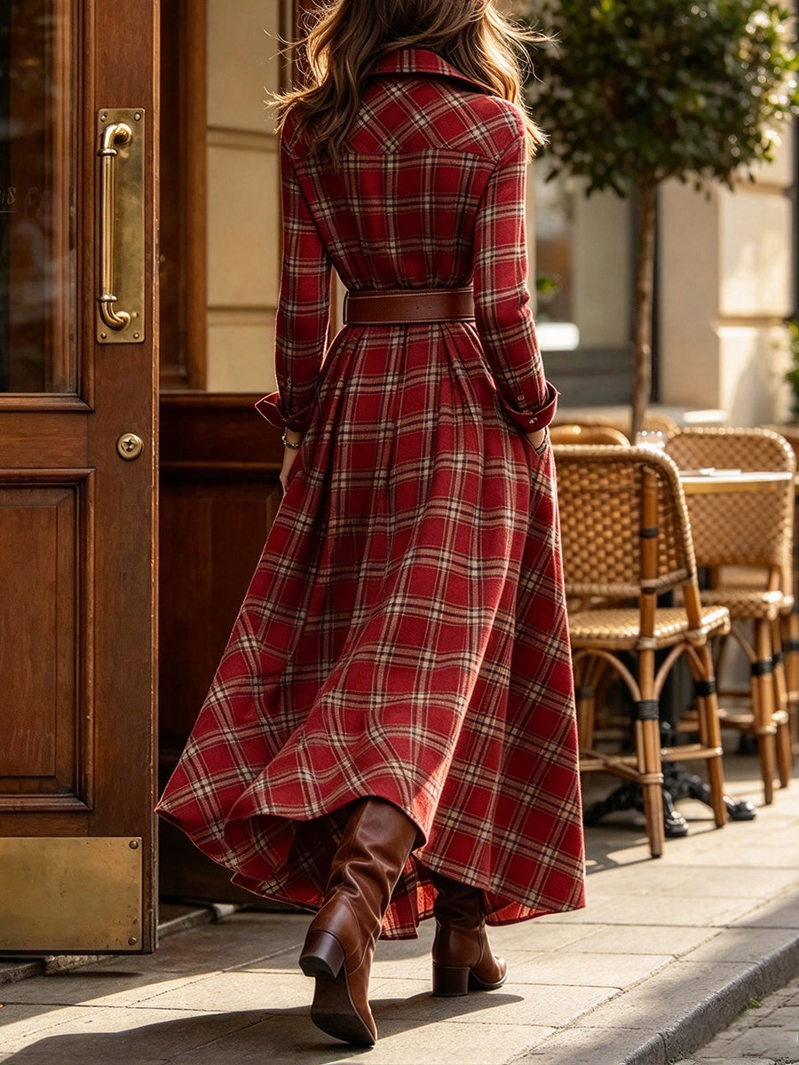 Vintage-style Plaid Cotton Long Shirt Dress