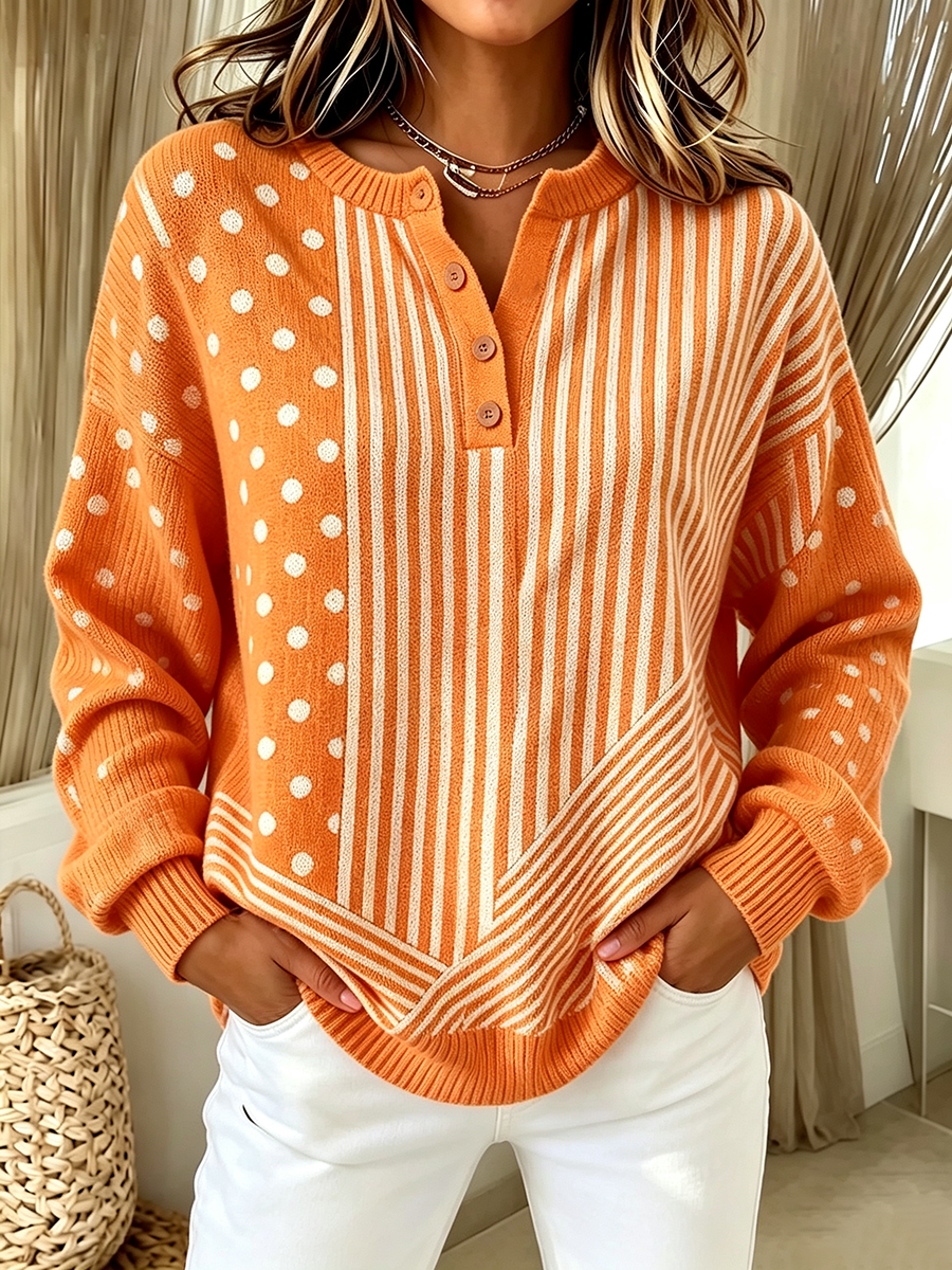 Chic Vibrant Orange Mixed-pattern Knit Sweater