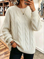 Women's Solid Color Round Neck Long Sleeve 3d Cable Knit Casual Loose Pullover Knit Sweater