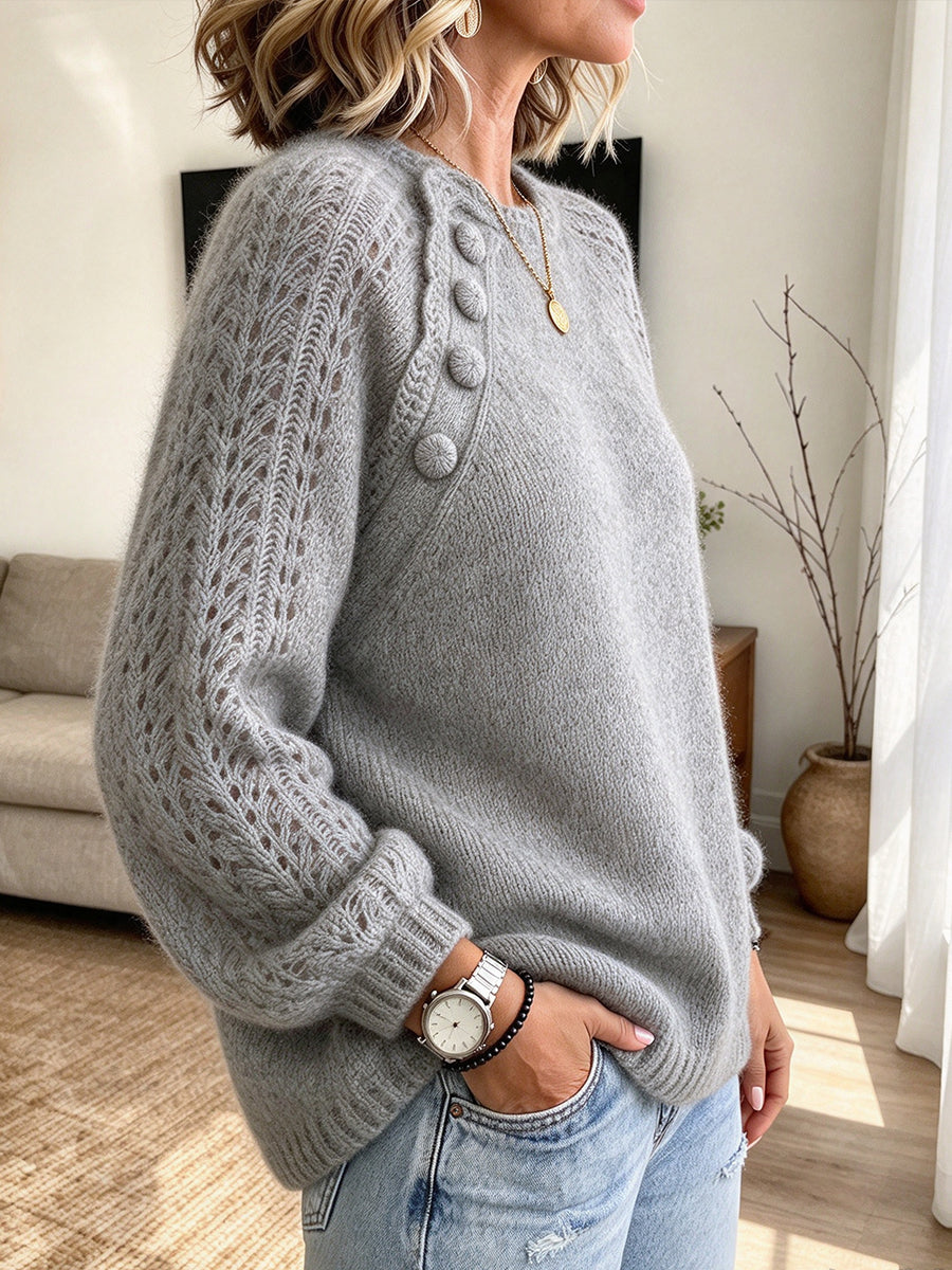 Chic Grey Openwork Mohair-blend Knit Top