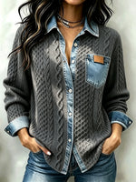Casual Denim-Paneled Cable-Knit Shirt Jacket