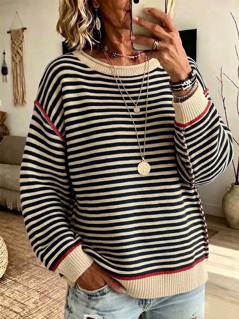 Casual, Loose-fitting, Long-length Color-block Striped Knit Top