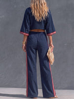 Women's Square Neck 3/4 Sleeve Casual Loose Cotton Linen Top And High Waist Wide Leg Pants Cotton Linen Set