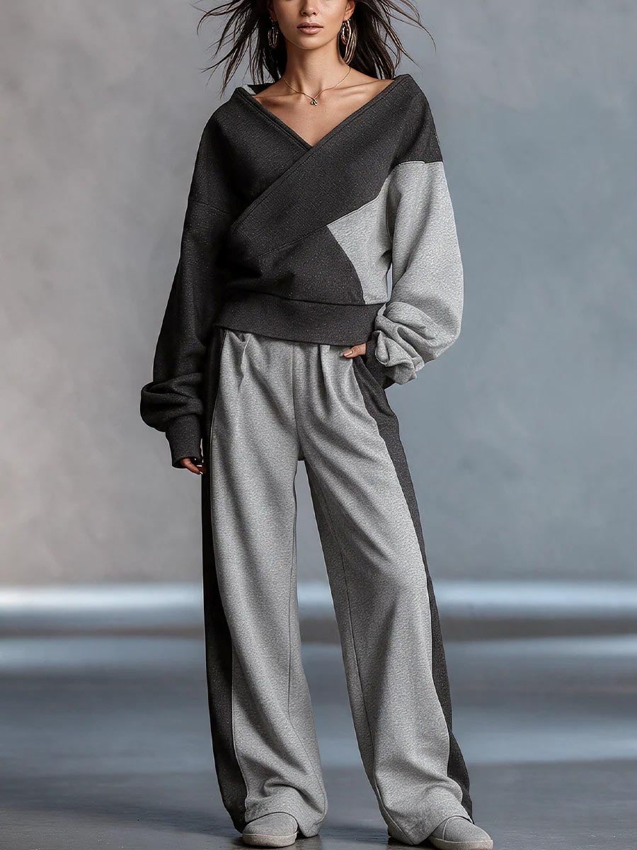 Dark and Light Gray Color-Block V-Neck Lounge Set