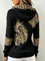 Casual Stretchy Bold Leopard & Feather Hoodie Top