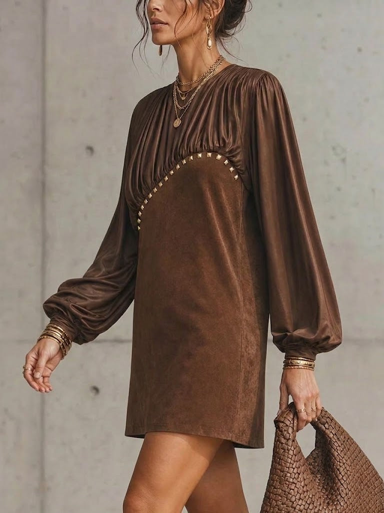 Satin-panelled Faux Suede Studded Long-sleeve Mini Dress