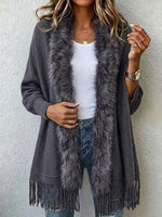 Faux Fur Collar Fringe Knit Cardigan