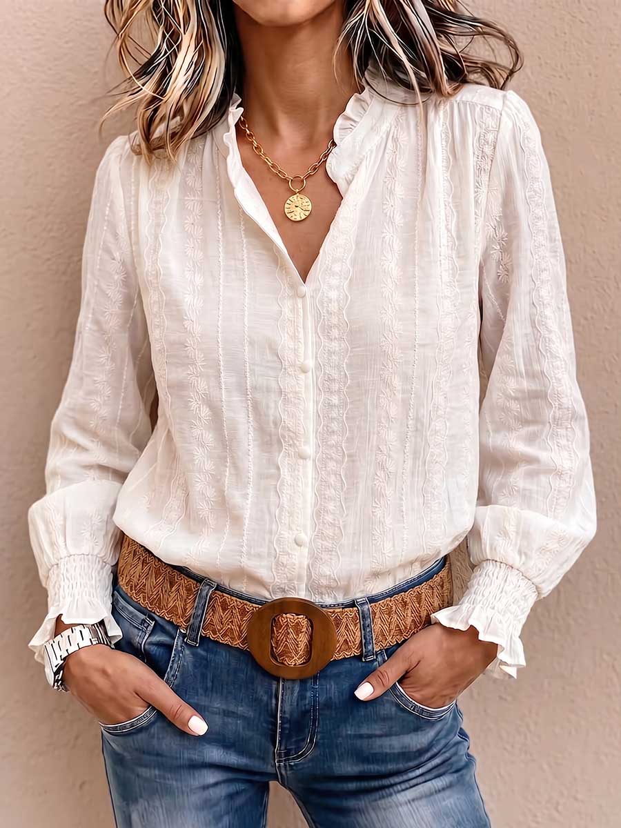 Women's Solid-color V-neck Long-sleeve Loose Casual Embroidered Shirt