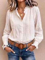 Women's Solid-color V-neck Long-sleeve Loose Casual Embroidered Shirt