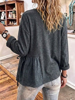 Round-neck Long-sleeve Top With Cut-out Embroidery, Drawstring Detail, And Ruffled Hem